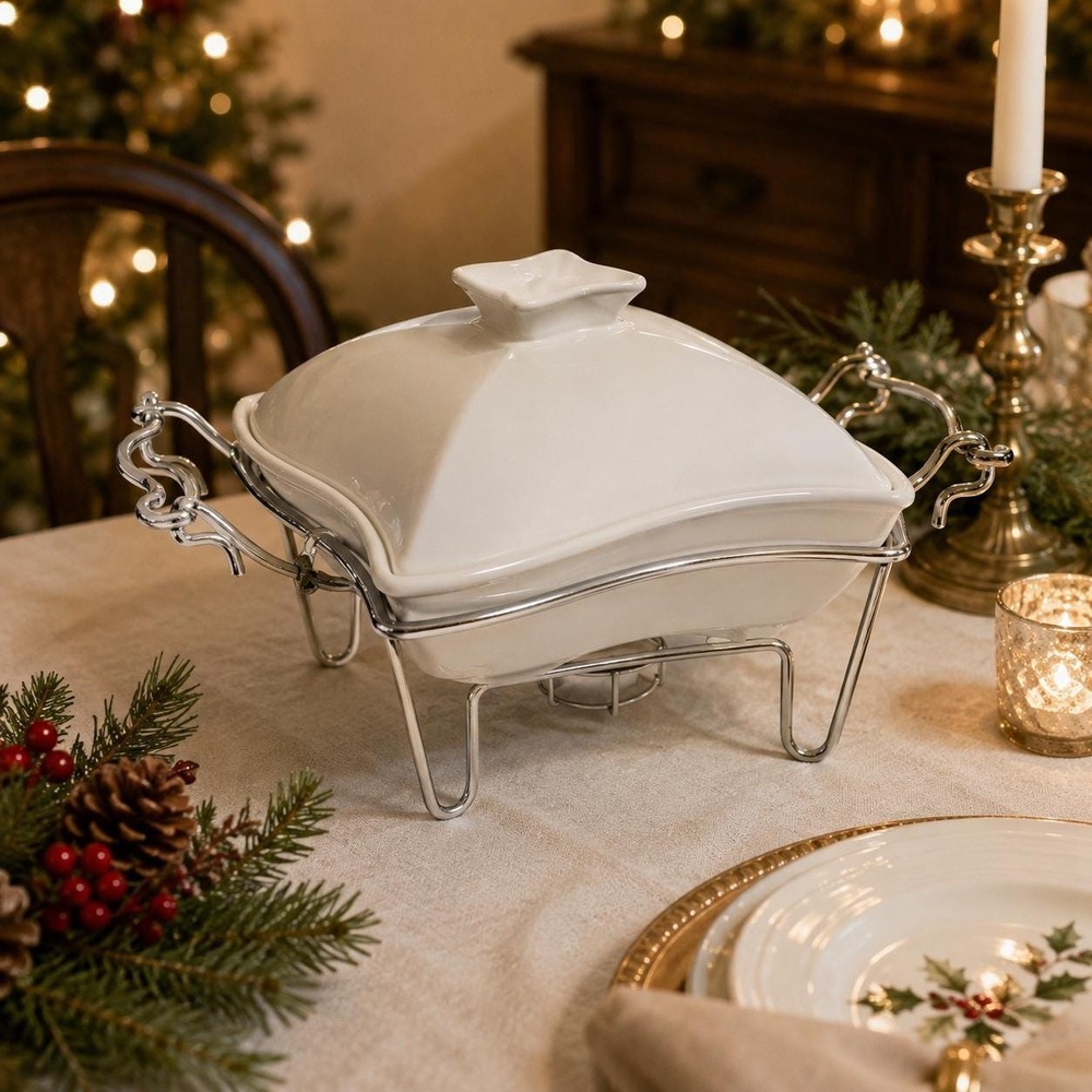 Vintage Godinger Porcelain Chafing Dish White Ceramic Buffet Server Silver Stand